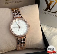 Luxury Crystal Dial Ladies Quartz Watch – LV Monogram Style