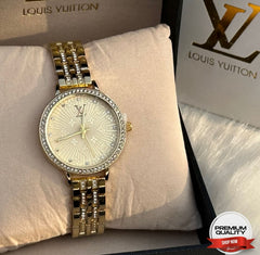 Luxury Crystal Dial Ladies Quartz Watch – LV Monogram Style